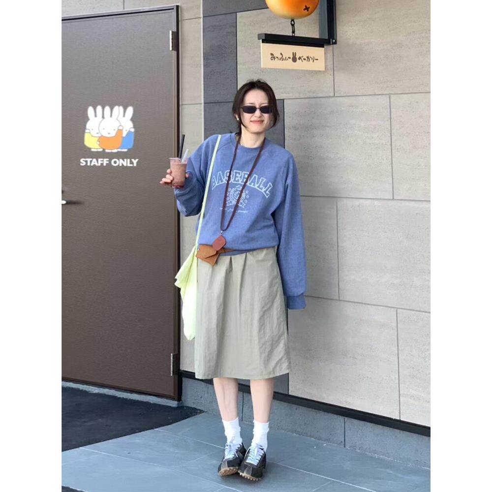 韩系早秋雾霾蓝色圆领卫衣无帽女美式慵懒风宽松字母印花上衣外套