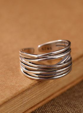 925纯银戒指三生三世复古时尚个性 缠绕交叉几何不规则开口指环