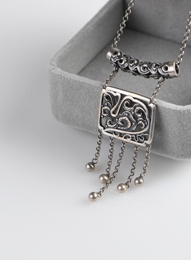 925纯银复古时尚做旧 民族风祥云镂空弯管流苏女款银吊坠项链