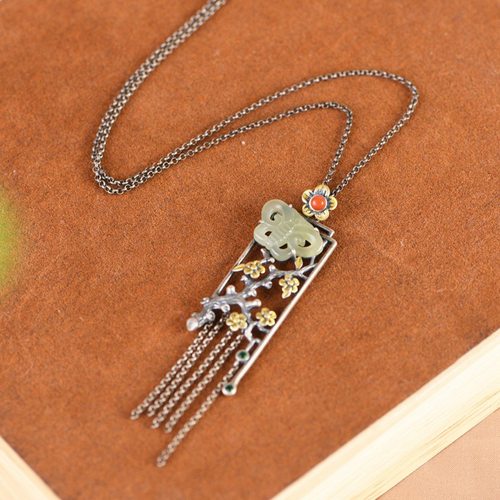 民族风925纯银项链 优雅长流苏款镀金腊梅吊坠和田玉蝴蝶女款套链