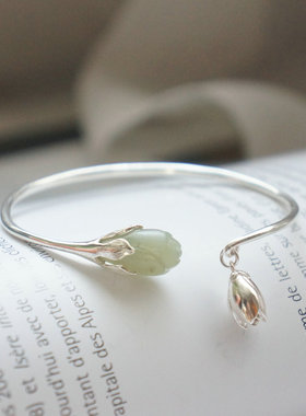 纯银花开活口民族风和田玉手镯