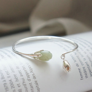 925纯银 白玉兰花开 开口活口 民族风时尚女士 和田玉手镯 玉手镯