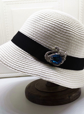 新品夏天女生户外太阳帽少年宽檐圆顶逛街白色草帽水钻天鹅渔夫帽