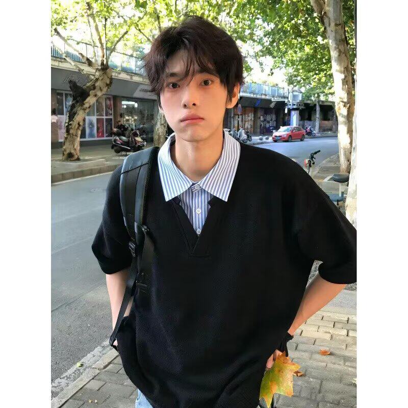 潮牌假两件polo领短袖男夏季2026新款宽松设计感情侣半袖男生T恤