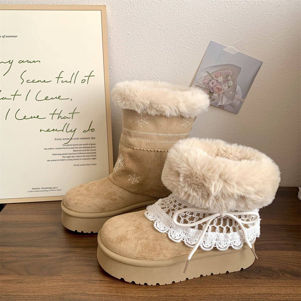 中筒2025冬季加绒新款鞋套可折叠两穿设计感chic雪花图案雪地靴