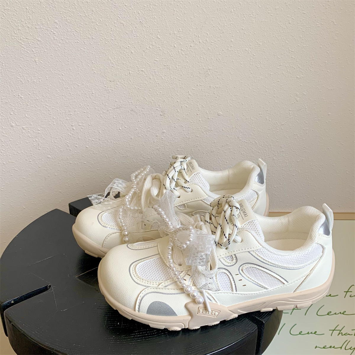 珍珠蕾丝厚底运动鞋女2026春季新款甜美风休闲轻便百搭小白鞋板鞋,女鞋,时尚休闲鞋,淘宝优惠券,粉丝福利购,淘宝优惠卷