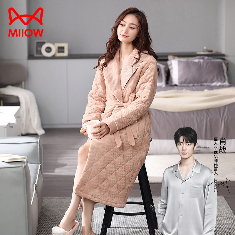 猫人睡衣女冬季三层夹棉加厚秋冬长款睡袍女款浴袍晨袍大码家居服