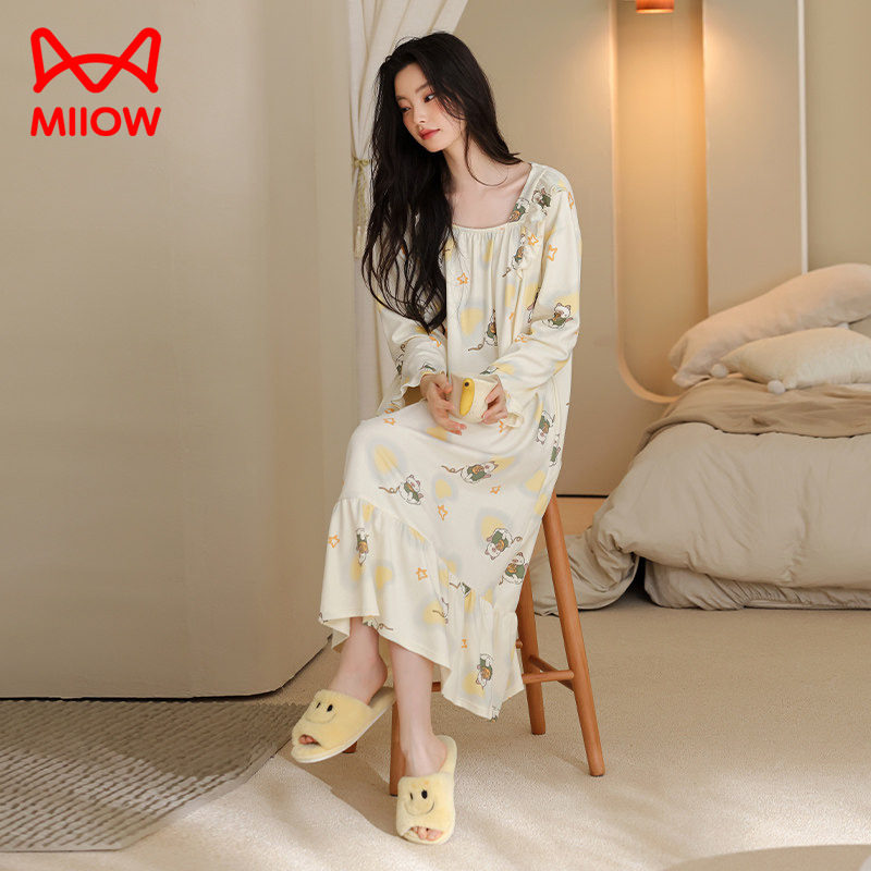 纯棉睡衣女款春秋款蝴蝶结连衣裙