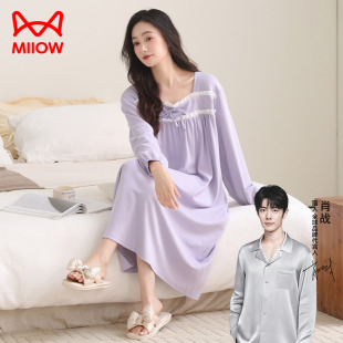 睡裙2026新款女款春秋纯棉长袖连衣裙简约宽松蝴蝶结中年居家裙子