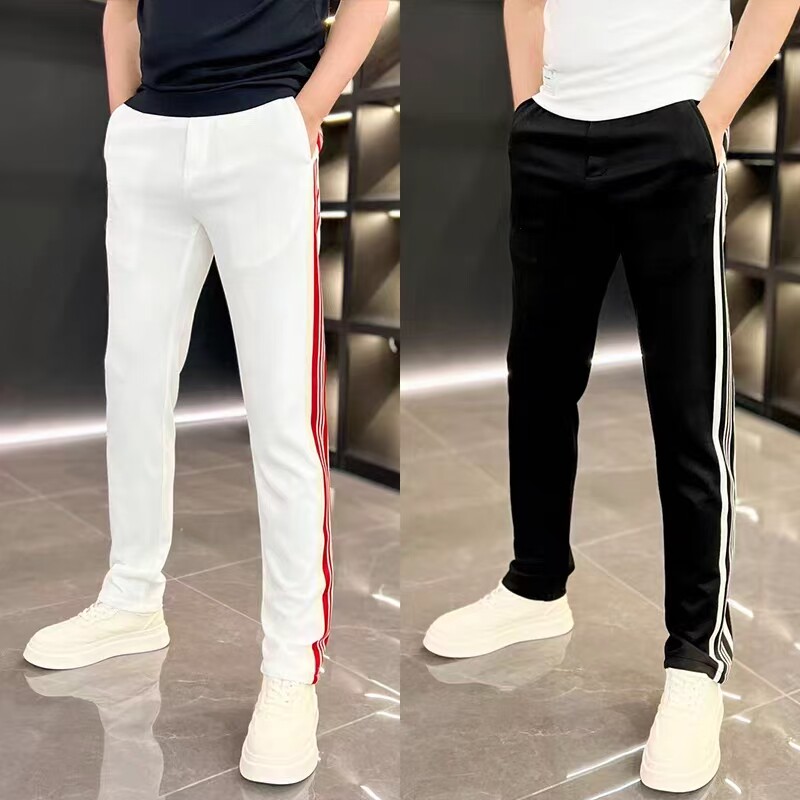 夏季直筒薄款运动裤男士侧边条纹百搭舒适长裤修身潮流垂感休闲裤