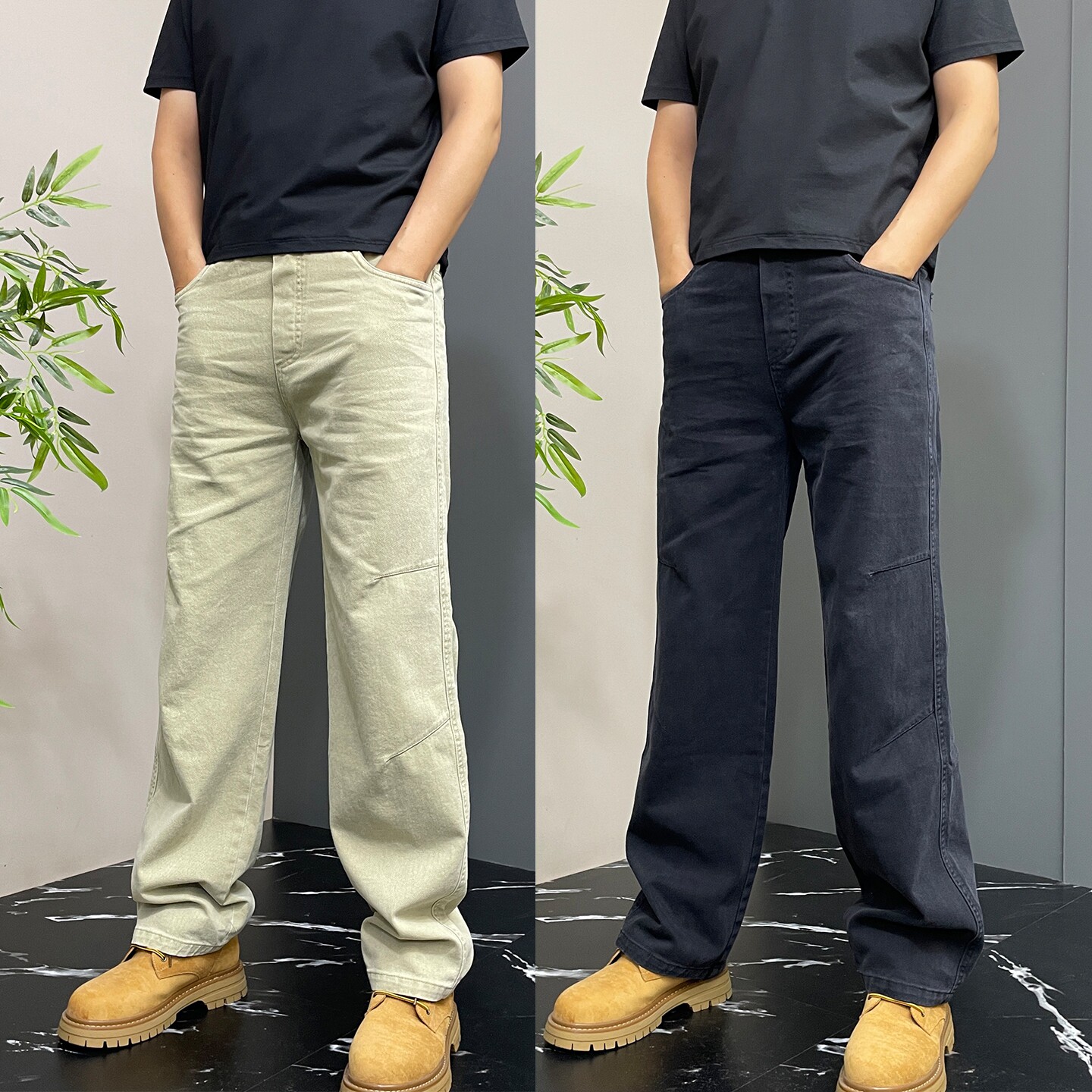 秋季痞帅卡其松紧腰拼接直筒男裤