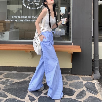 韩版蓝色竖条纹阔腿长裤子春秋