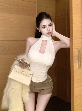 纯欲辣妹白色网纱挂脖吊带背心女夏季露肩设计感修身无袖外穿上衣