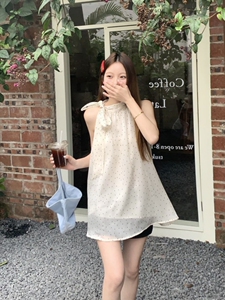 法式复古蝴蝶结挂脖无袖吊带雪纺背心女夏季外穿内搭宽松波点上衣