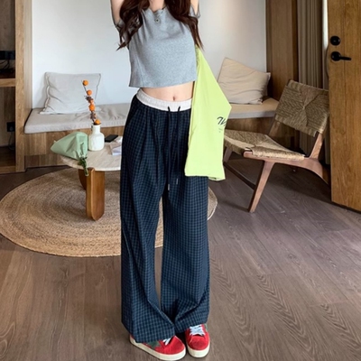 美式复古撞色蓝格子长裤女春秋夏