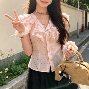 法式辣妹复古甜美粉色V领荷叶边波点衬衫女夏季修身收腰短袖上衣