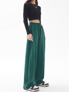 子拖地宽松束脚休闲卫裤 美式 高腰垂感阔腿裤 女春夏季 绿色运动长裤