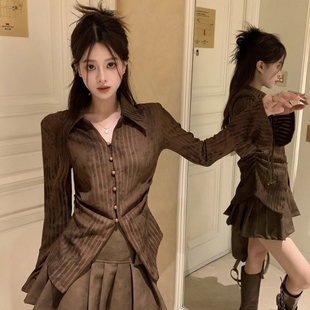 收腰翻领纯欲上衣冬季 女春秋外穿修身 休闲衬衫 美拉德复古喇叭长袖