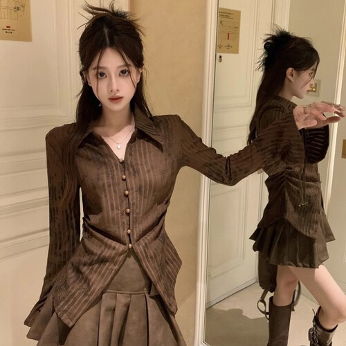美拉德复古喇叭长袖休闲衬衫女