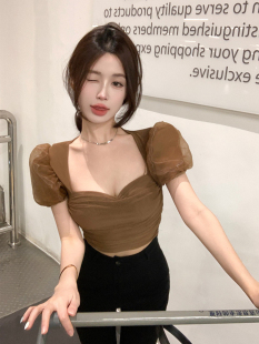 法式复古网纱泡泡袖衬衫女夏季短款甜辣妹方领修身显瘦设计感上衣