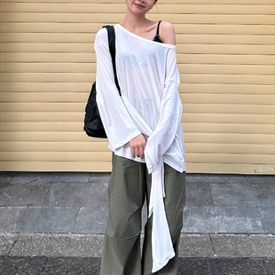 美式休闲微透长袖T恤女春夏季薄款外搭露肩绑带宽松防晒罩衫上衣