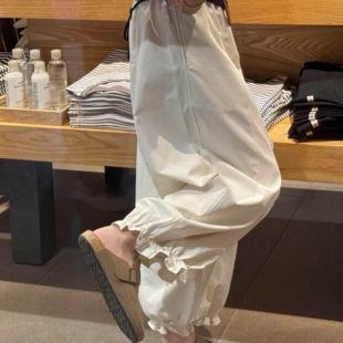 韩版高腰显瘦运动九分木耳边花苞裤子女春夏季宽松休闲灯笼阔腿裤
