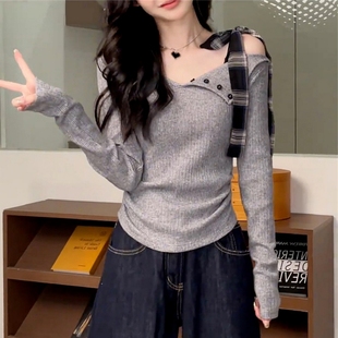内搭修身 法式 女春秋季 打底衫 收腰上衣 甜辣妹V领露肩格子飘带长袖