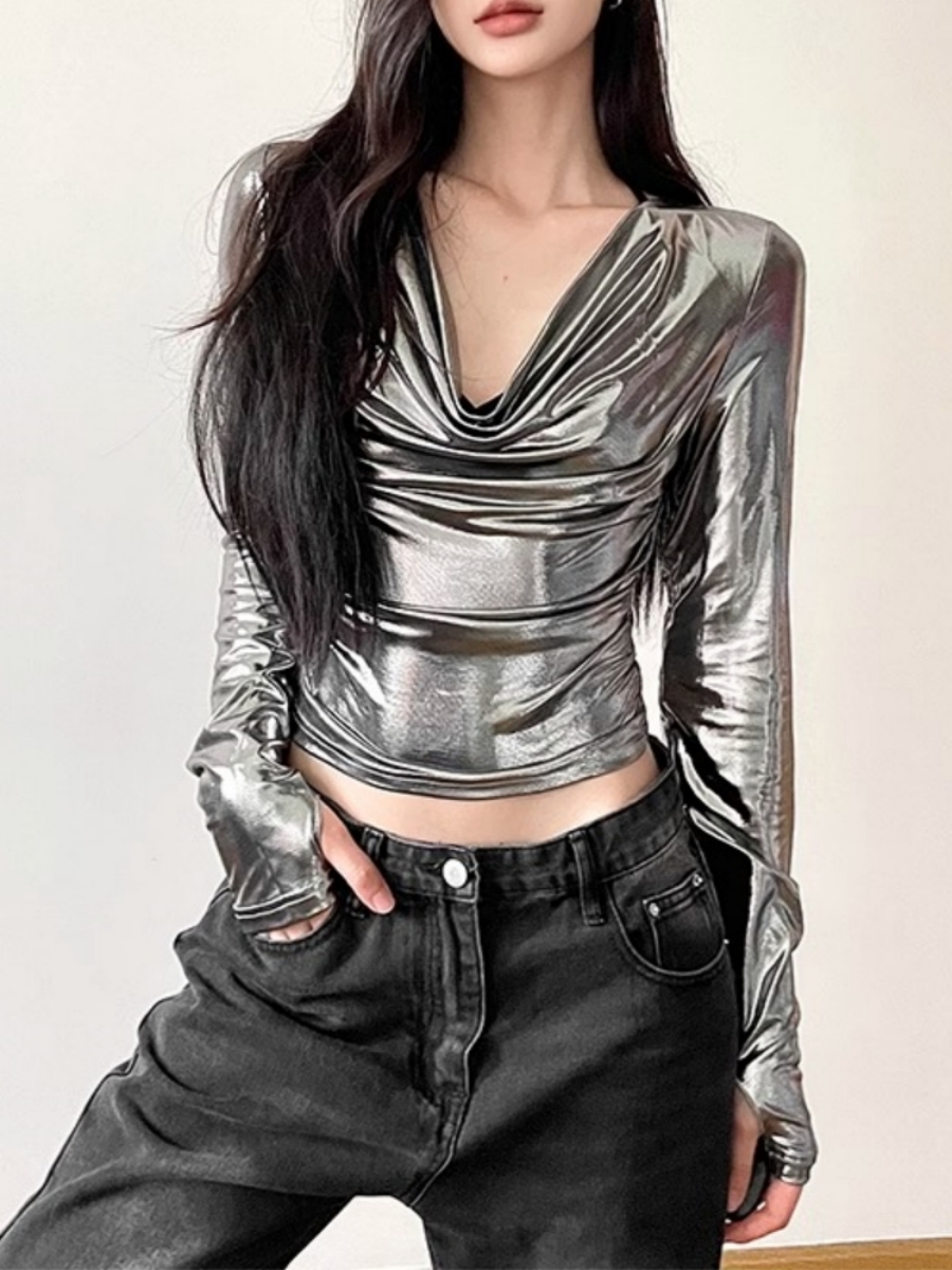 韩版辣妹亮面V领长袖T恤女春秋