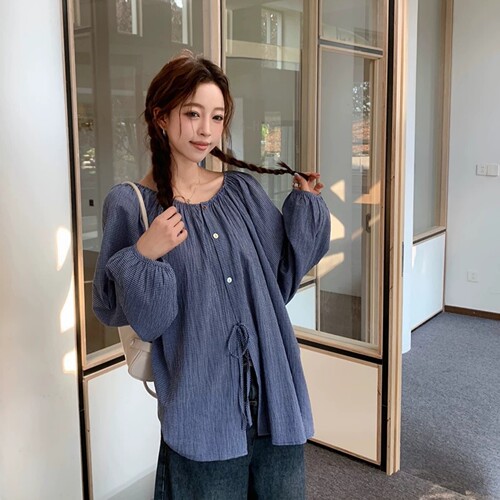 韩系法式蓝色格子长袖绑带衬衫女