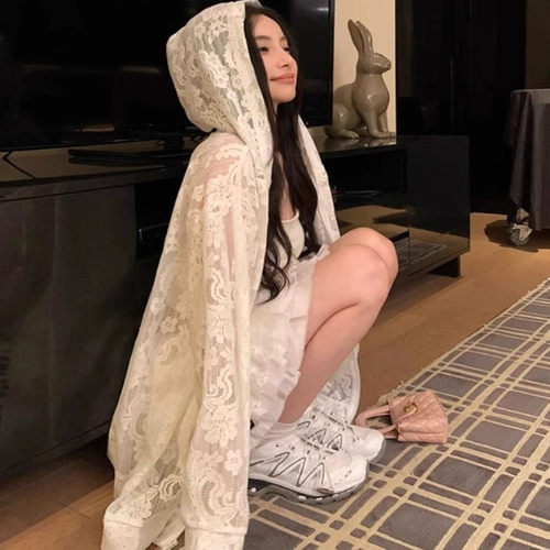 法式复古薄款蕾丝开衫连帽外套女