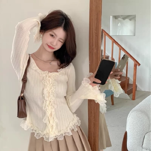 纯欲风复古蕾丝木耳花边长袖 开衫 打底衫 内搭修身 上衣 女春秋季 法式