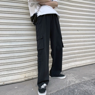 裤 垂感拖地阔腿裤 女学生春秋薄款 显瘦韩版 黑色宽松高腰直筒裤 工装