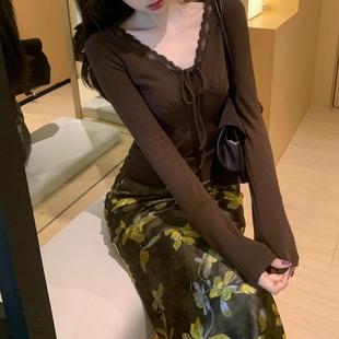 打底衫 内搭收腰V领长袖 复古纯欲风气质蕾丝花边上衣女春秋季 法式