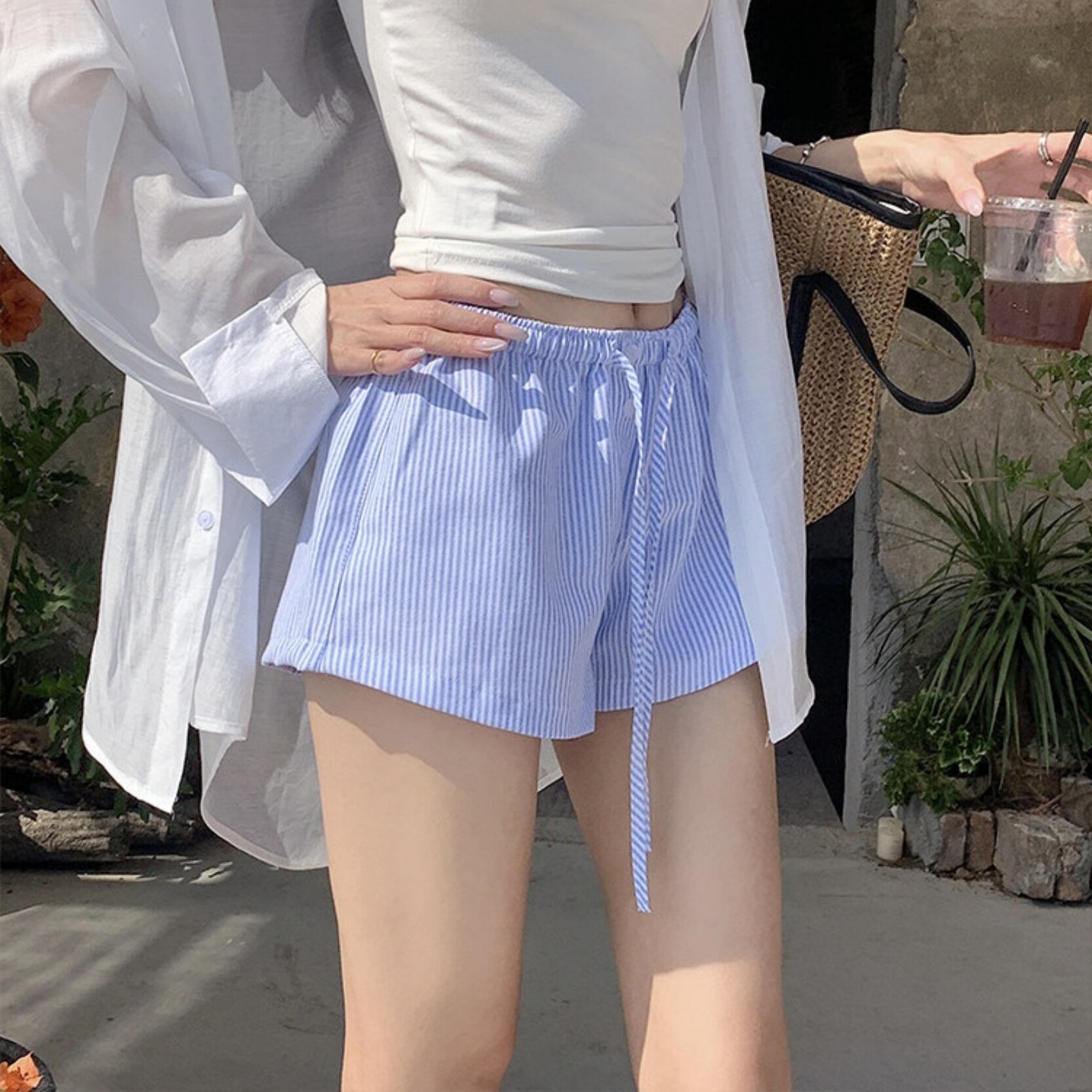 韩系蓝色条纹绑带低腰短裤女夏季外穿打底裤子宽松阔腿居家休闲裤