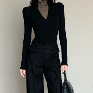 修身 法式 女春秋季 打底衫 内搭V领上衣 纯欲风辣妹性感网纱黑色长袖