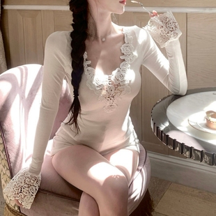 内搭修身 法式 女春秋季 t恤打底衫 上衣 复古纯欲性感蕾丝花边v领长袖