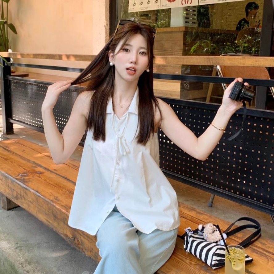 法式休闲v领白色无袖挂脖衬衫女
