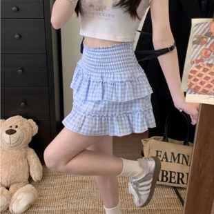 法式复古格子荷叶边蛋糕半身裙女春秋夏季内搭A字蓝色蓬蓬短裙裤