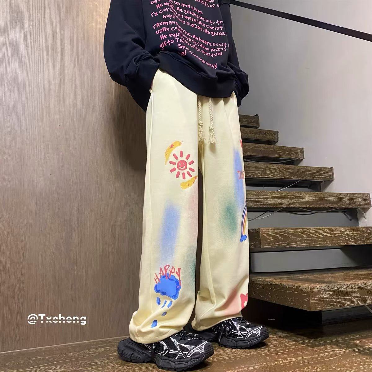 涂鸦印花垂感裤子男春秋美式潮牌休闲裤