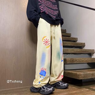 設(shè)計(jì)感寬松闊腿直筒褲 涂鴉印花垂感褲 子男春秋美式 潮牌嘻哈休閑褲