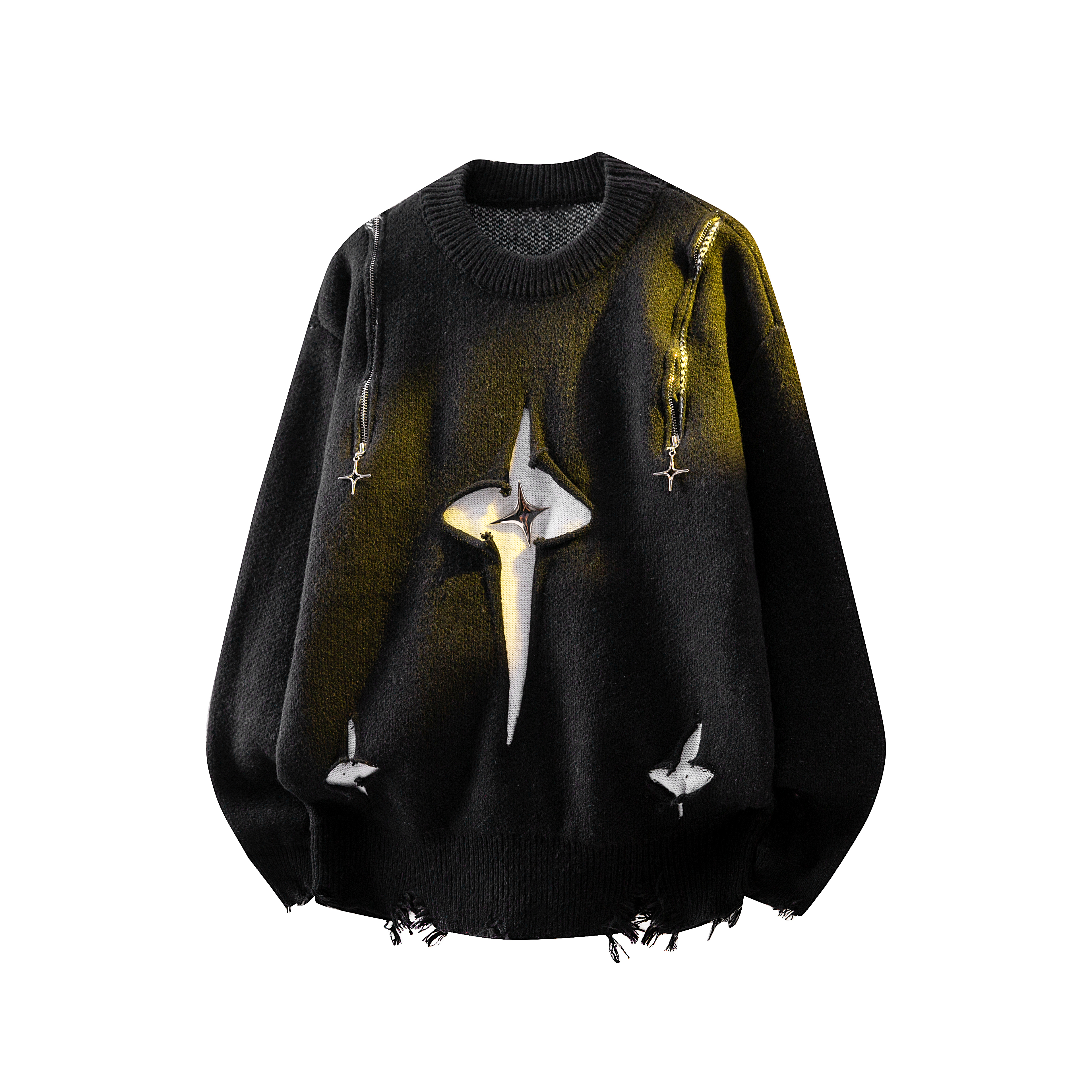 高街风破洞拉链针织衫男女宽松