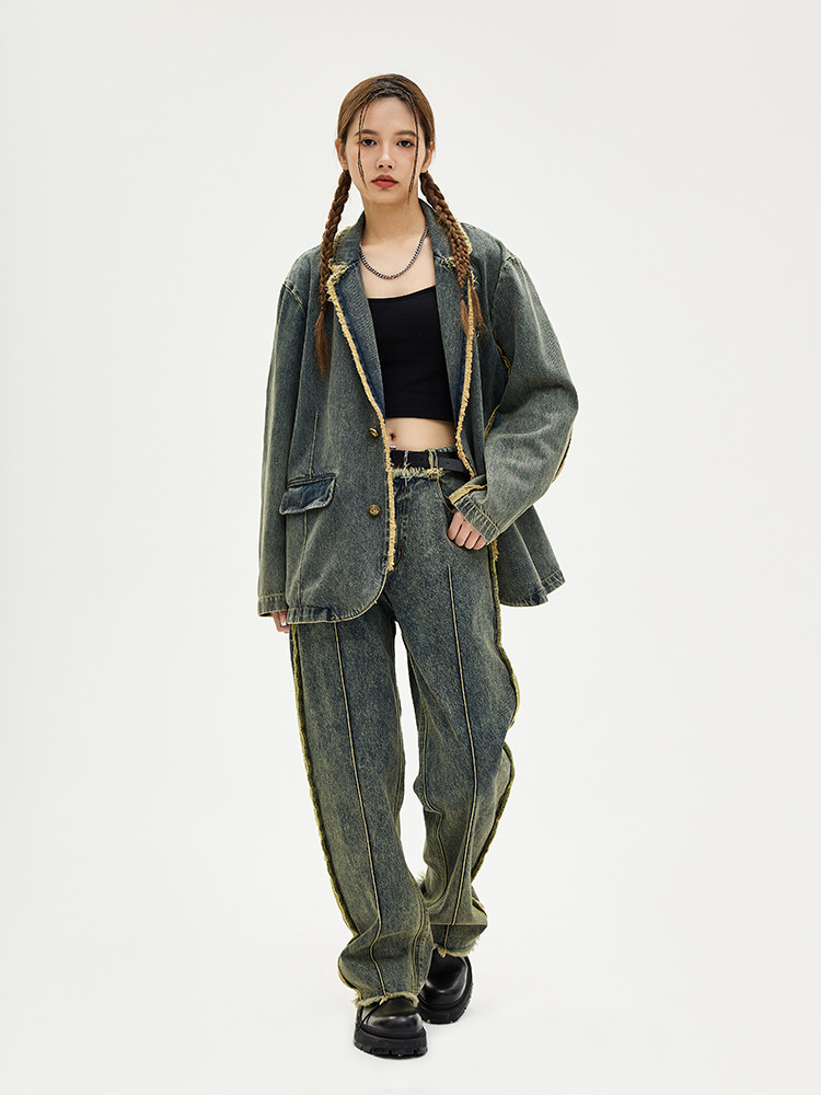 BENMYSHOWER 내셔널 패션 아메리칸 레트로 태슬 데님 재킷 바지 유행 브랜드 남성 및 여성 투피스 슈트