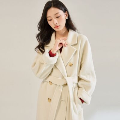 25秋冬新气质高级感长毛苏丽羊毛白色毛呢外套中长款大衣女22673