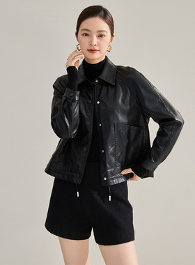 25秋季新款pu皮衣翻领复古外套女流行短款抽绳港风夹克上衣18663