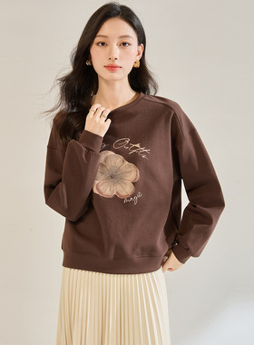 25秋季新款立体绣花朵套头慵懒风通勤圆领长袖薄款卫衣上衣29009