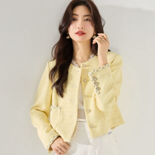 26春千金风黄色通勤银丝圆领小香风箱型短款时尚显瘦外套女15555