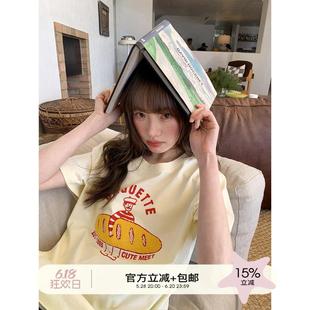 復古風熱狗毛巾繡t恤女夏季 小個子寬松顯瘦純棉上衣 美式 你好卡農