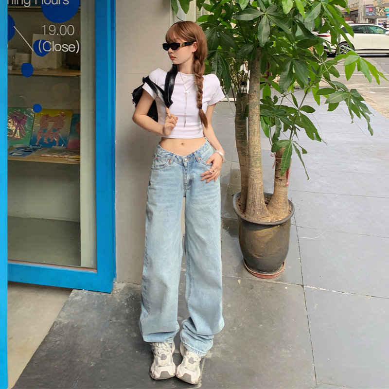 复古低腰辣妹美式牛仔裤女夏薄款2025新款V型百搭修身显瘦直筒裤