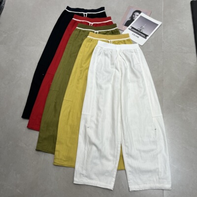 欧货2026春夏新款欧式弯刀裤百搭亚麻黄色休闲裤直筒阔腿裤女8971