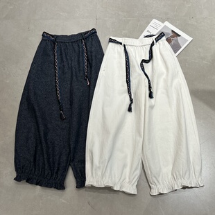 女 欧货松紧抽绳亚麻棉宽松花边休闲九分阔腿裤 欧洲站2026春季 新款